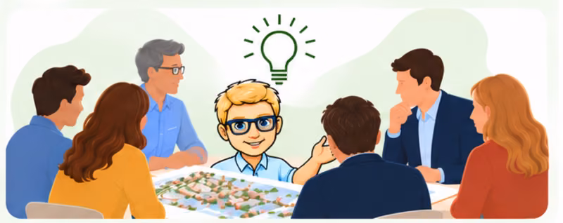 Illustratie: een team van financials en ontwikkelaars werkt samen aan tafel aan de case