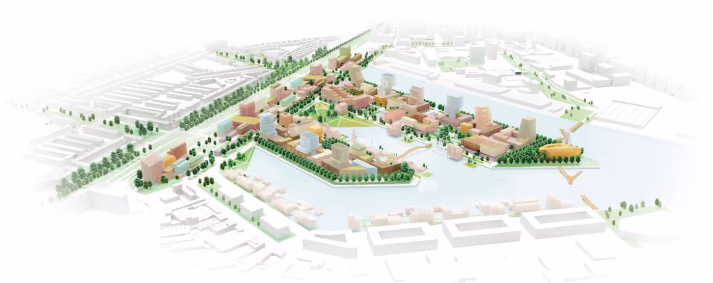 Toekomstbeeld van Merwehaven: gemengde woon-werkwijk met groen rond het water